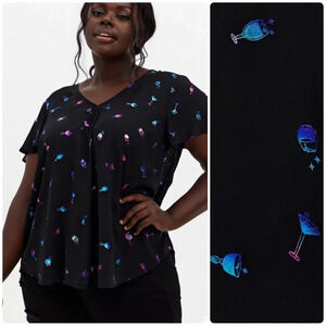 Torrid Black Cocktail Print Georgette Pleat Front Blouse Plus Size 2 2X 18 20